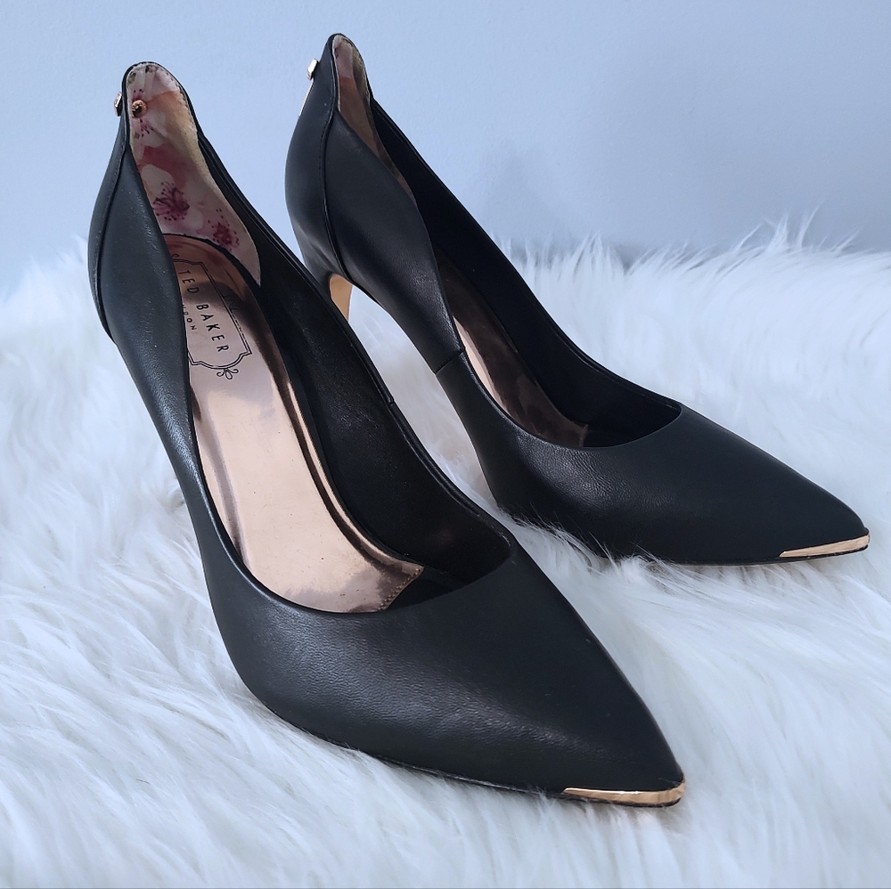 Ted Baker London Black Pointed Toe Heels with Gold Accents
